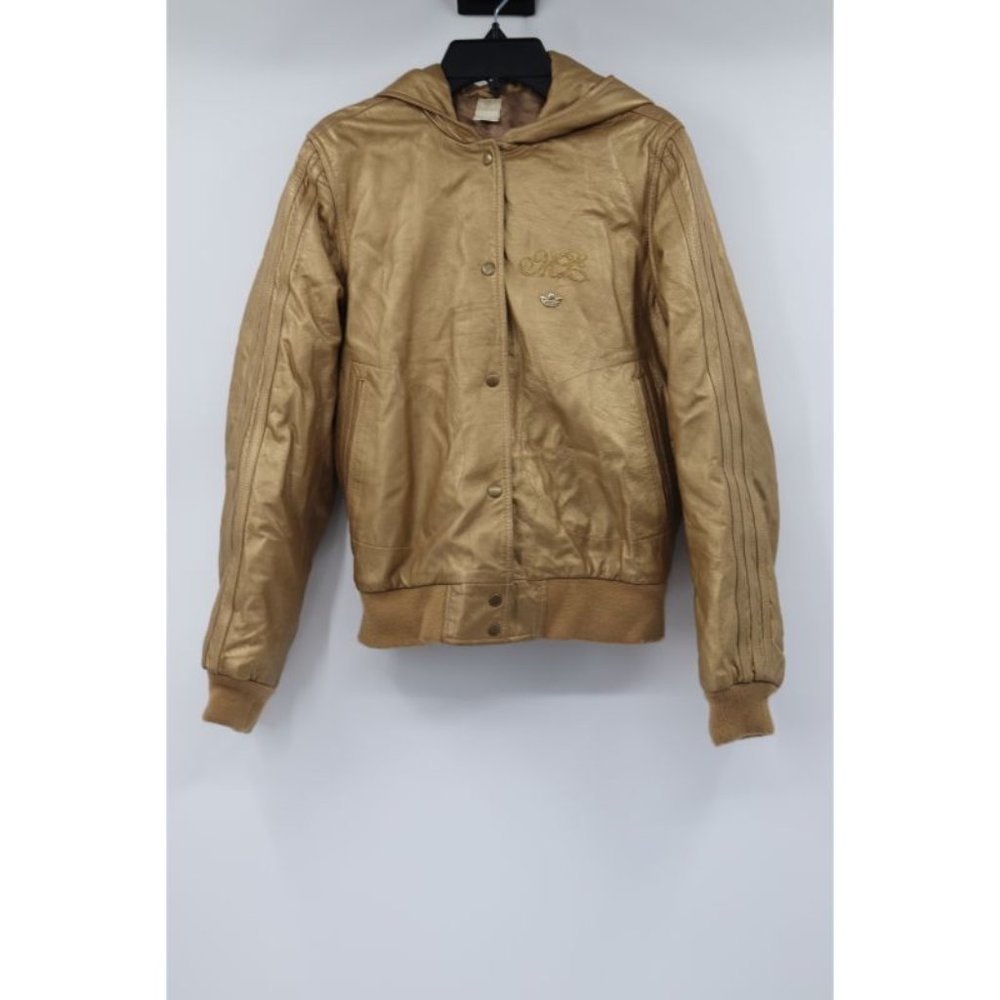 adidas women's size XS leather snap button closure jacket hooded gold trefoil - Picture 1 of 15